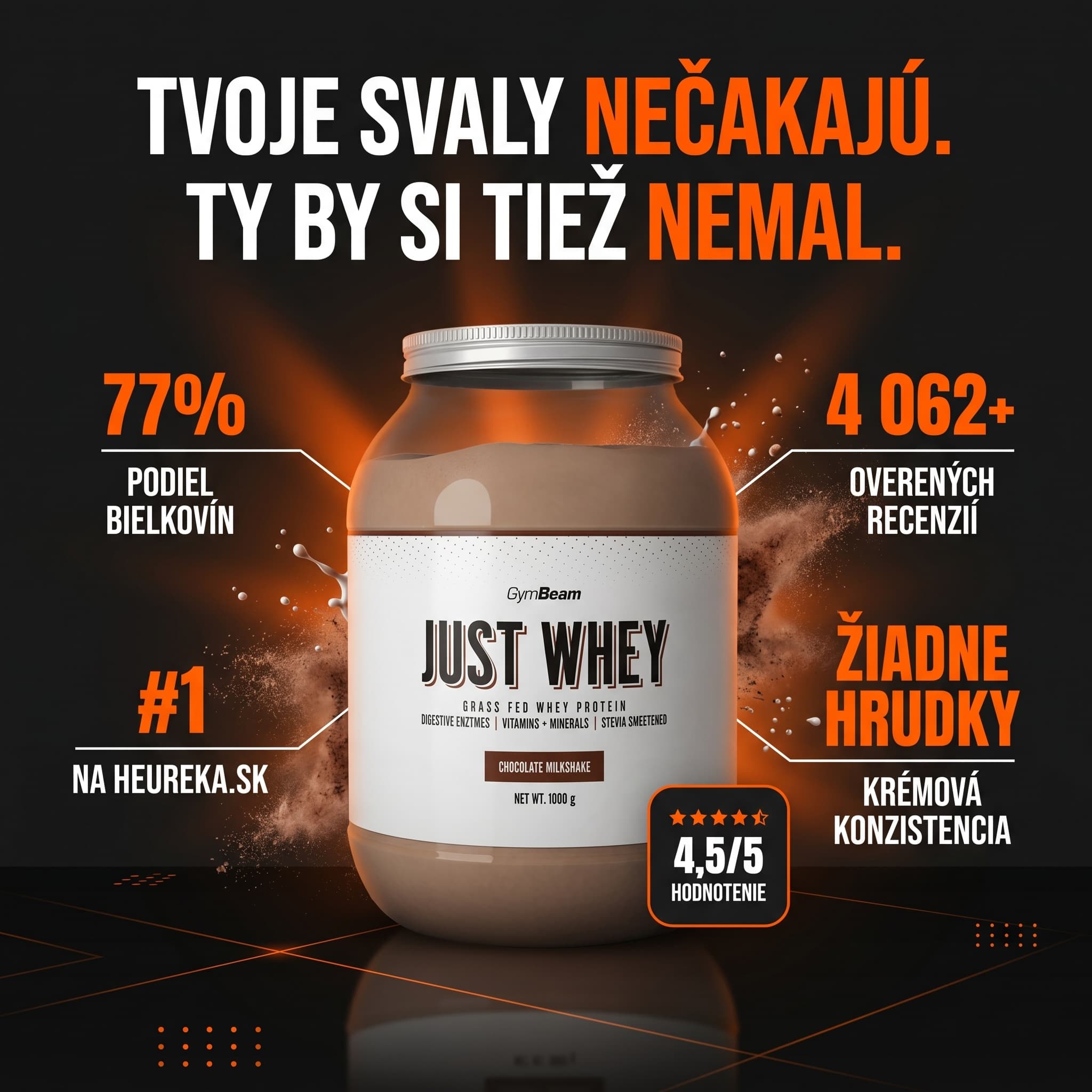 GymBeam · produktový vizuál so štatistikami